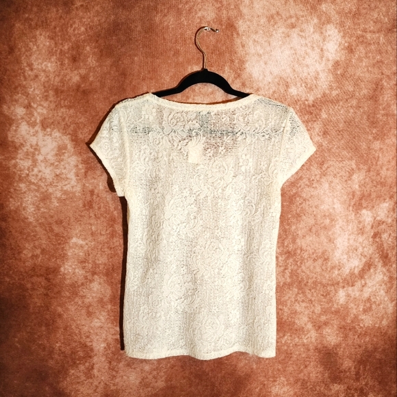 ANN TAYLOR Women's Size Medium White Macrame Lace Textured Short Sleeve Blouse - Picture 2 of 2